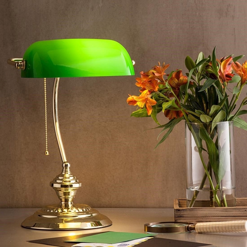 Luminária De Mesa Metal Vidro Verde Banker Luminária De Mesa Metal